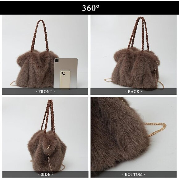 Women Winter Fuzzy Faux Fur Tote Bag Crossbody Coffee - Picture 6 of 8